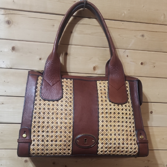 Fossil Vintage Reissue Brown Leather & Woven Straw Bag Purse - Picture 1 of 10